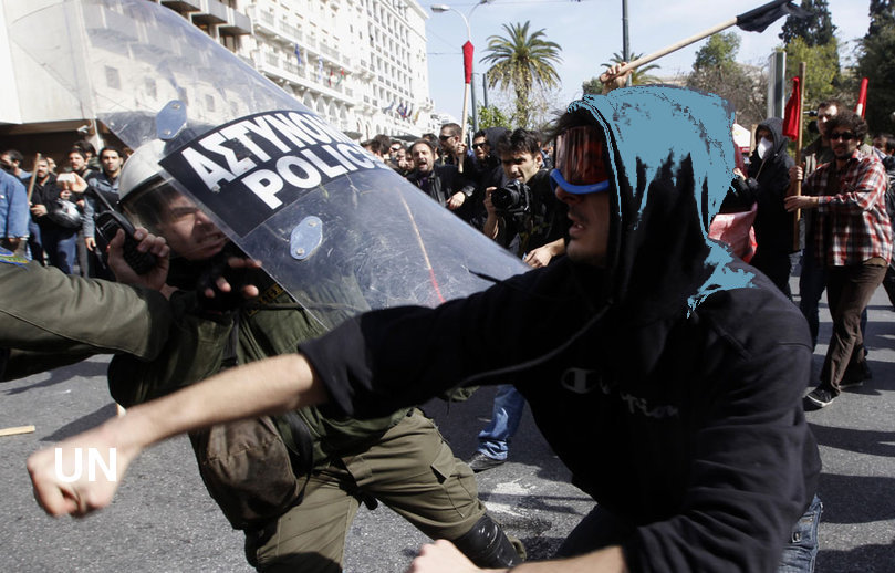 Image d'une manifestation à Athènes contre le plan d'austérité de l'UE. Source : mouton-noir.net (photo modifiée par Politproductions)