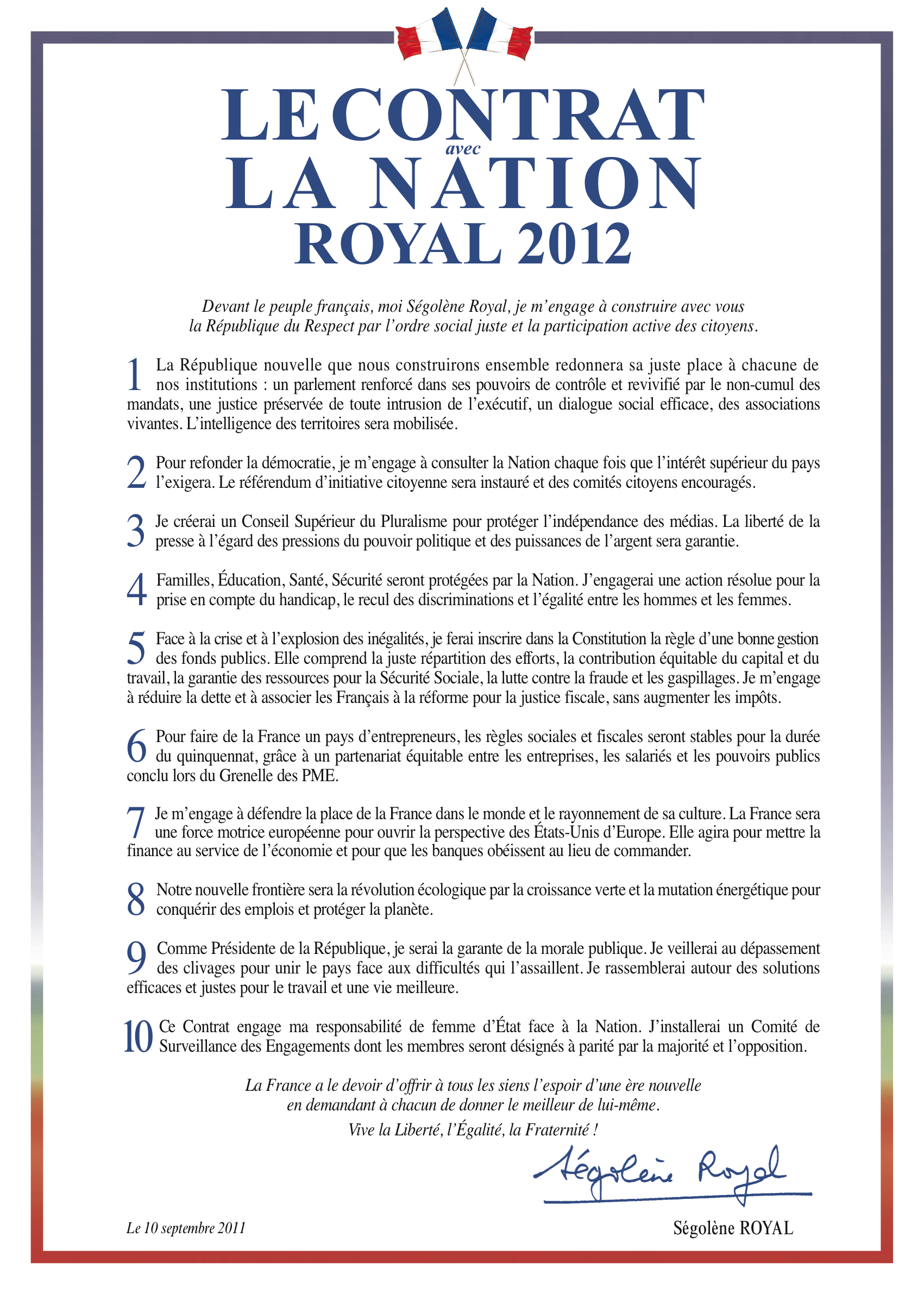 « Le contrat avec la Nation » présenté par Ségolène Royal lors de son meeting à Montreuil (93), le 10 septembre 2011. Source : desirsdavenir.org/