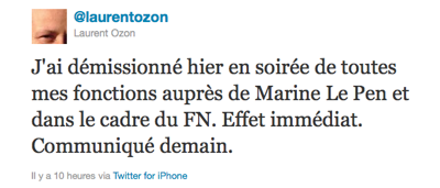 Tweet de Laurent Ozon annonçant sa démission du Front national