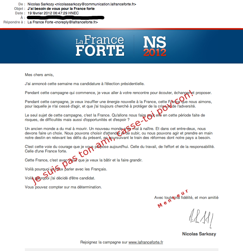 Détournement du mailing de campagne de Sarkozy