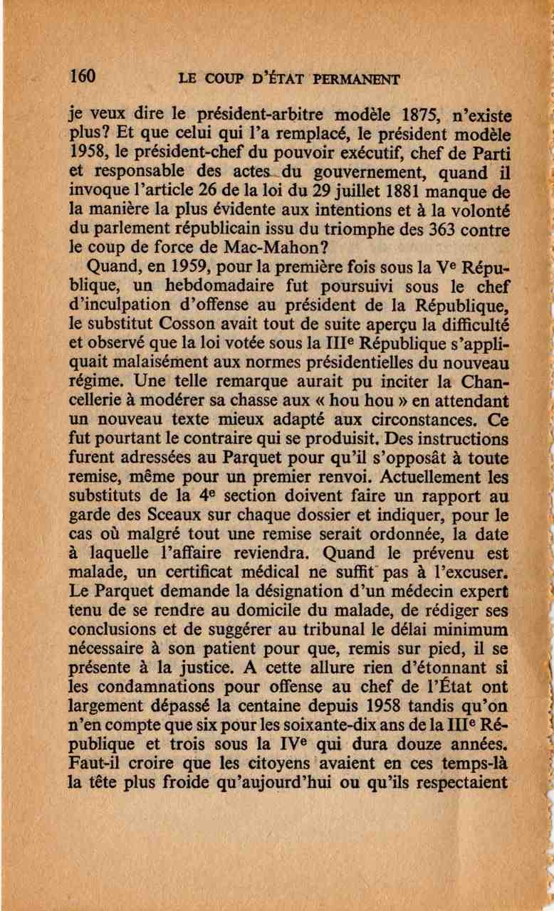Page 160 du Coup d'Etat permanent, par François Mitterrand (10/18, 1965)