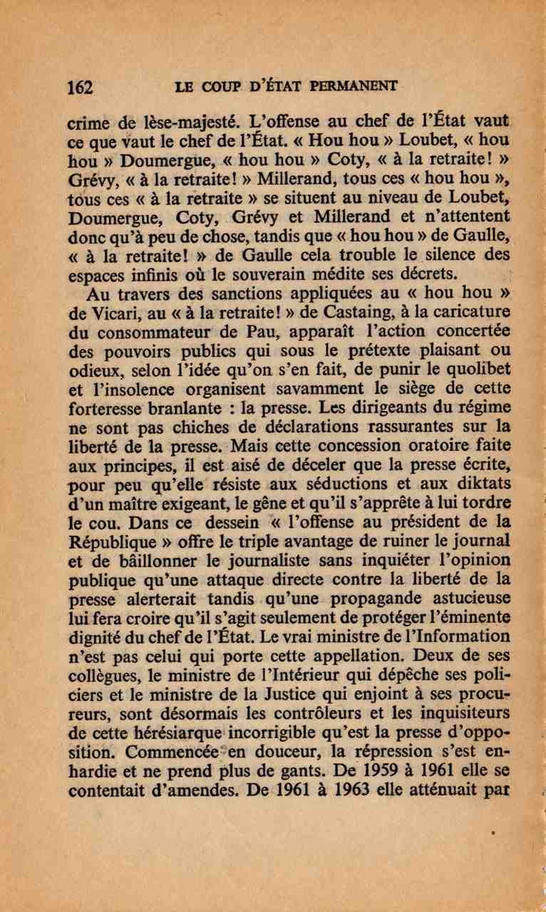 Page 162 du Coup d'Etat permanent, par François Mitterrand (10/18, 1965)